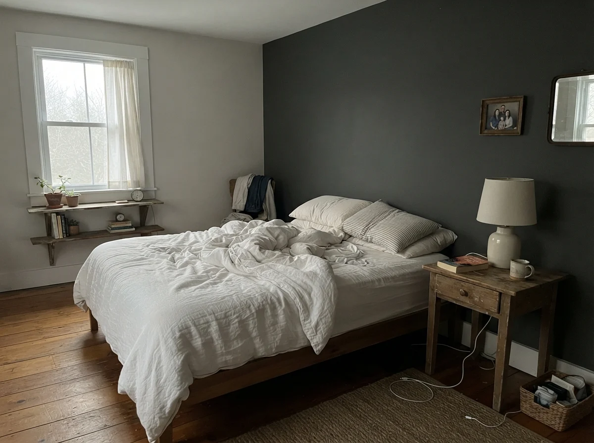Bedroom with unmade white bed and painted walls washed out in early morning light.