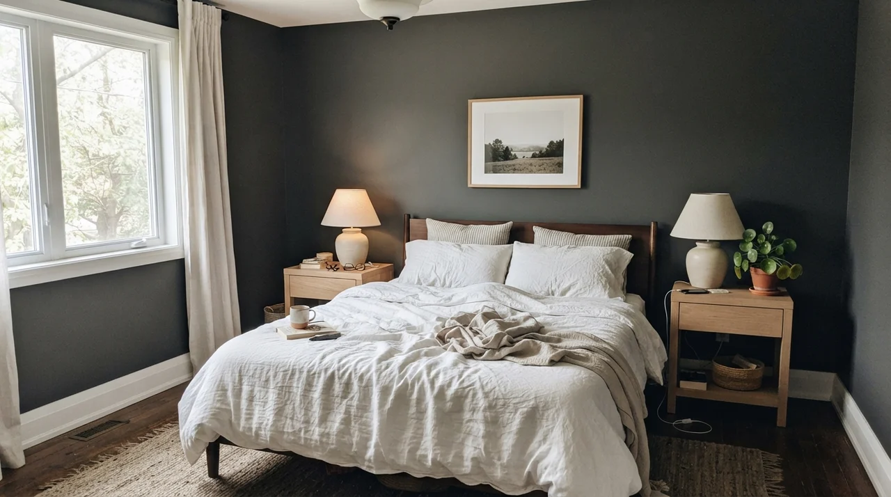 Main bedroom with painted dark walls, white linen bedding, and pale oak nightstands.