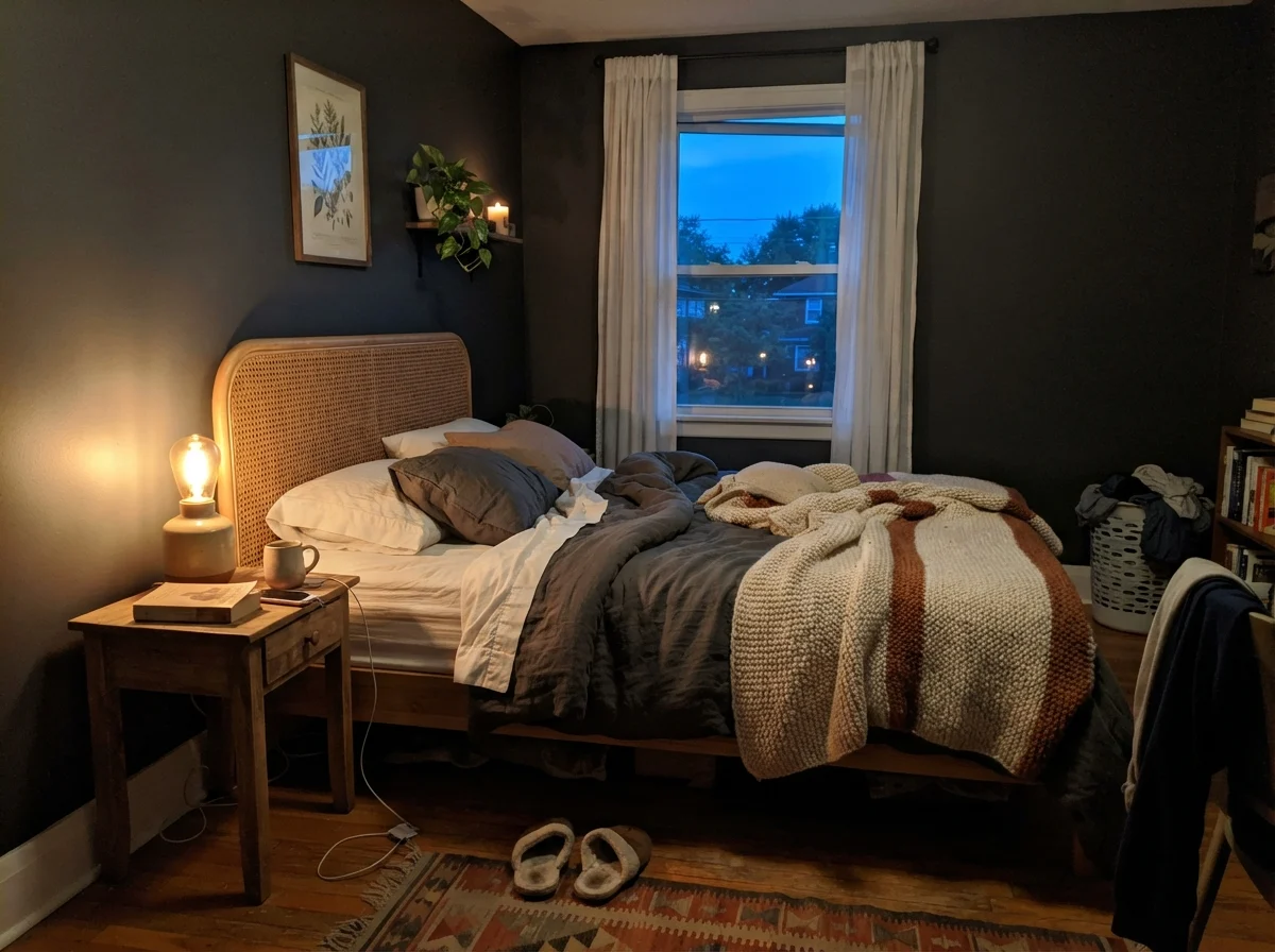 Bedroom with warm lamp glow highlighting dark charcoal walls behind a cane headboard.