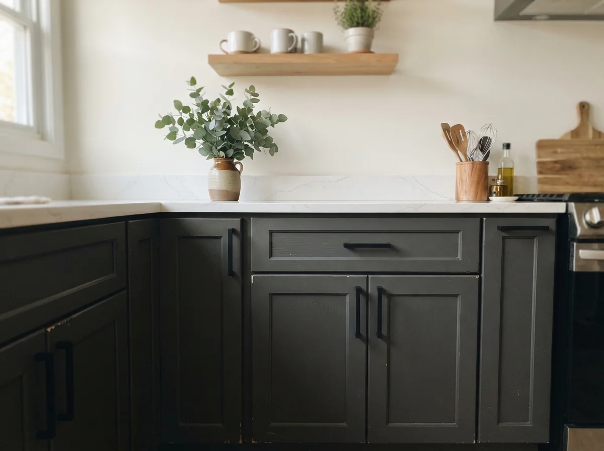 Close-up of dark shaker cabinet door with matte black handle and quartz counter.