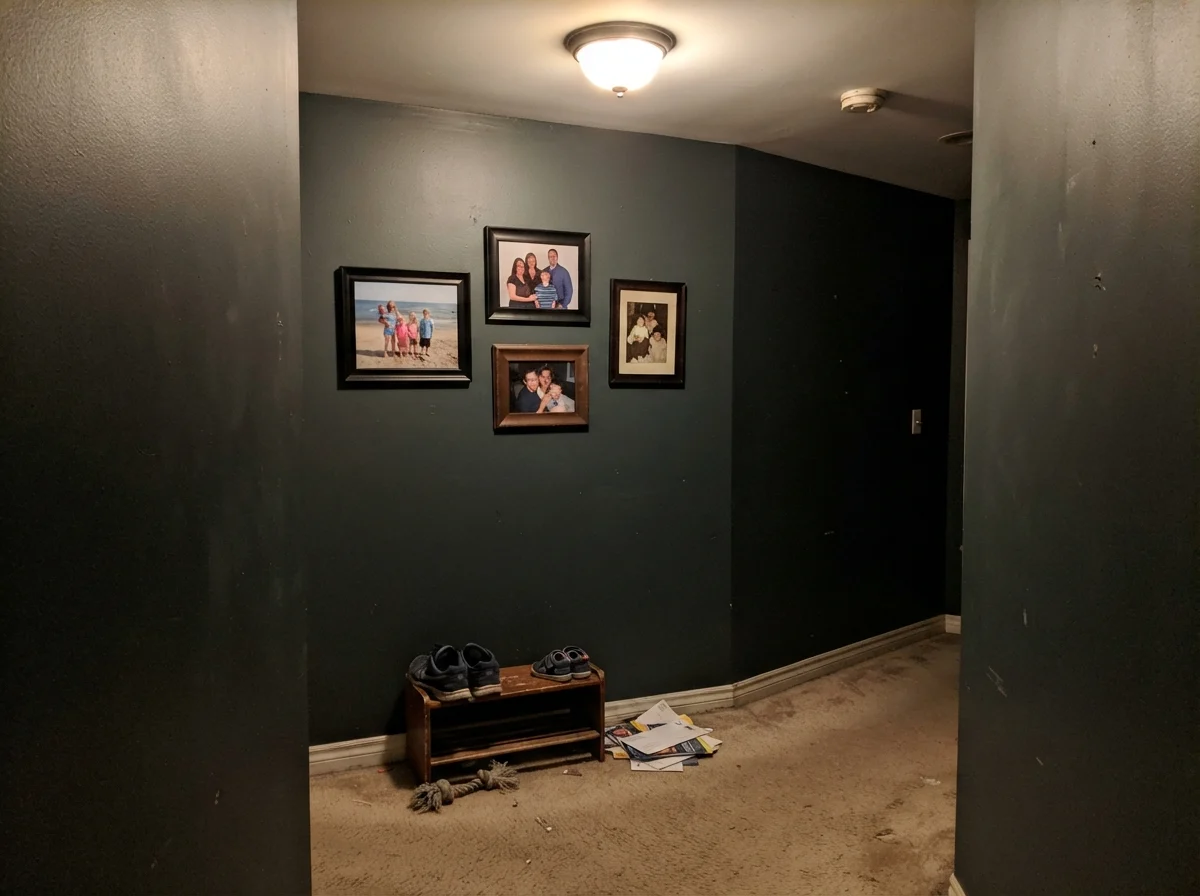 Windowless hallway corner showing muddy and flat dark paint under a weak bulb.