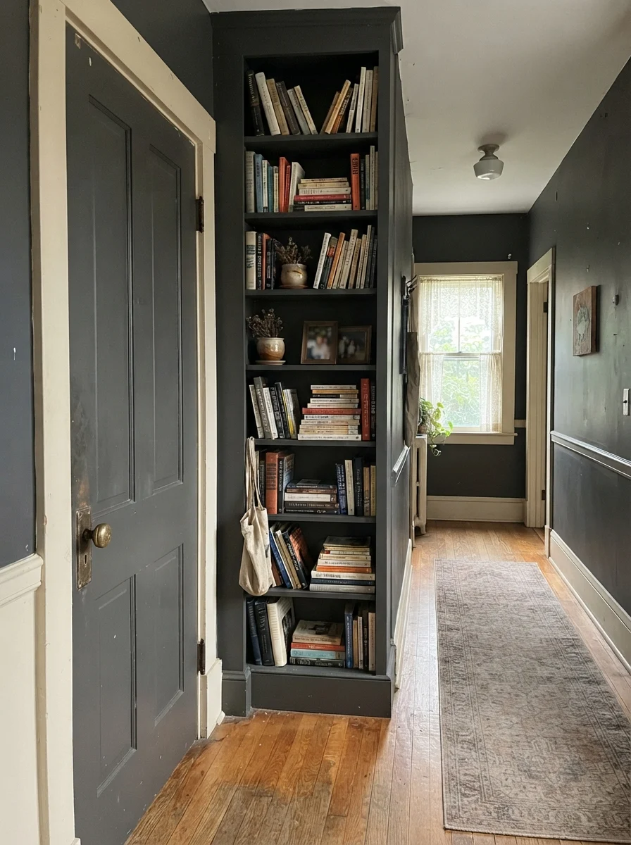 Hallway featuring a dark painted door and built-in bookshelf with brass hardware.