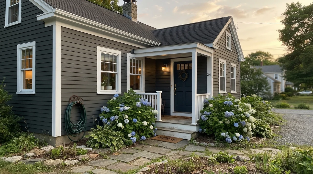 House exterior with dark horizontal siding, white trim, navy front door, and porch.