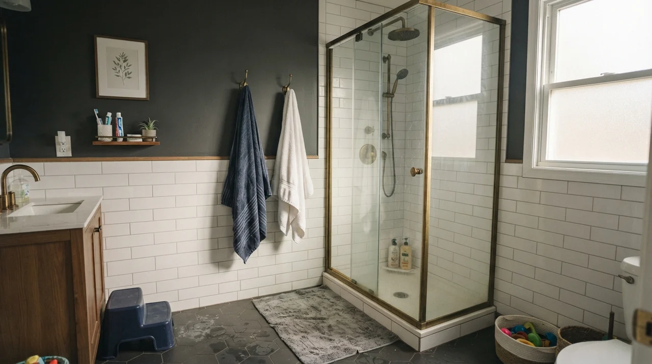 Family bathroom with upper walls painted dark charcoal above white subway tile wainscoting with brass fixtures.