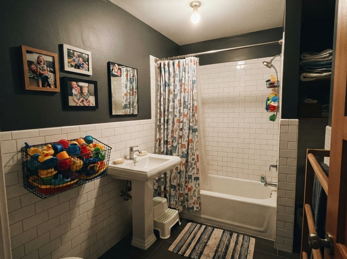 Kids' bathroom with painted walls over subway tile and bath toys in a basket.