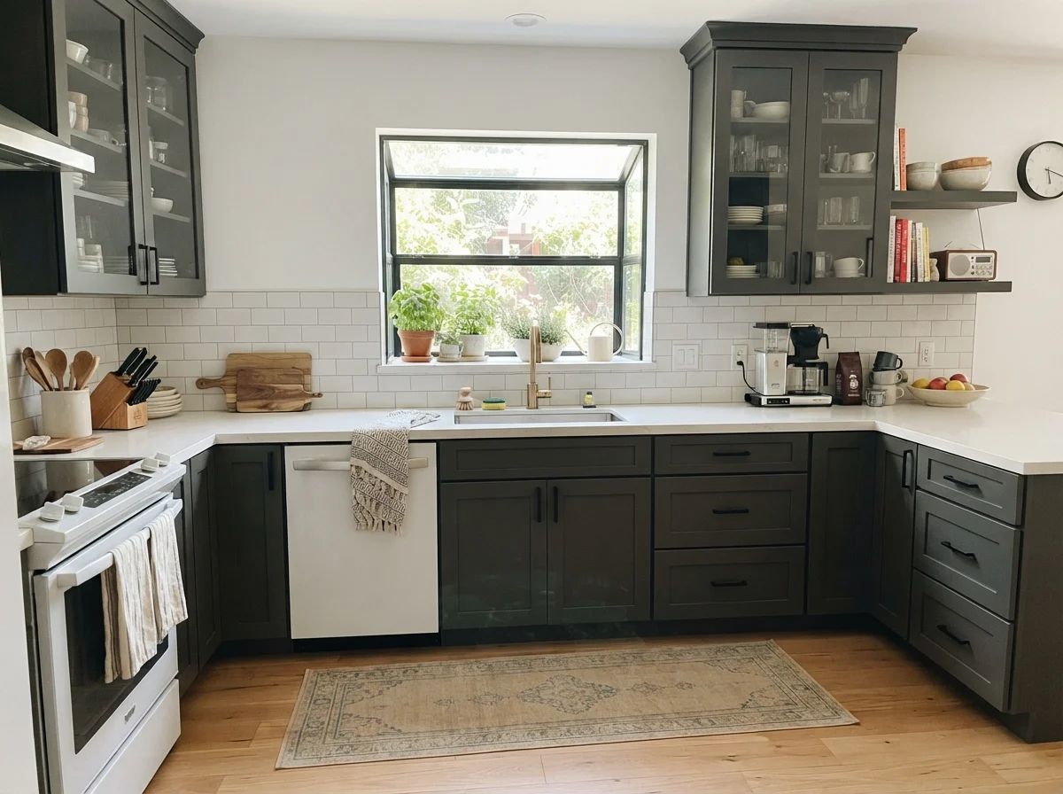 Kitchen with full upper and lower shaker cabinets painted in dark charcoal with white backsplash.