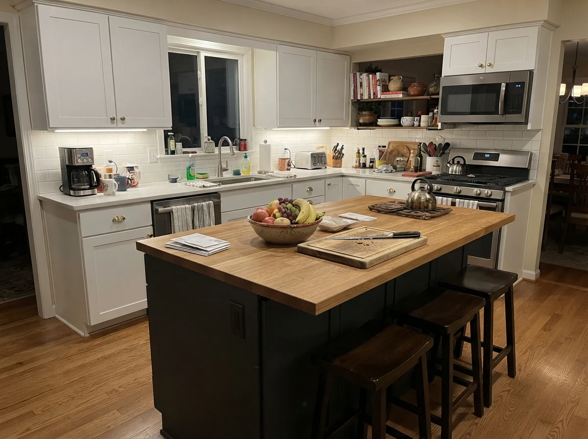 Family kitchen with dark painted island, white surrounding cabinets, and warm lighting.