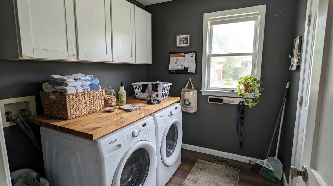 Laundry room with dark painted walls, butcher-block counter, and white cabinets.