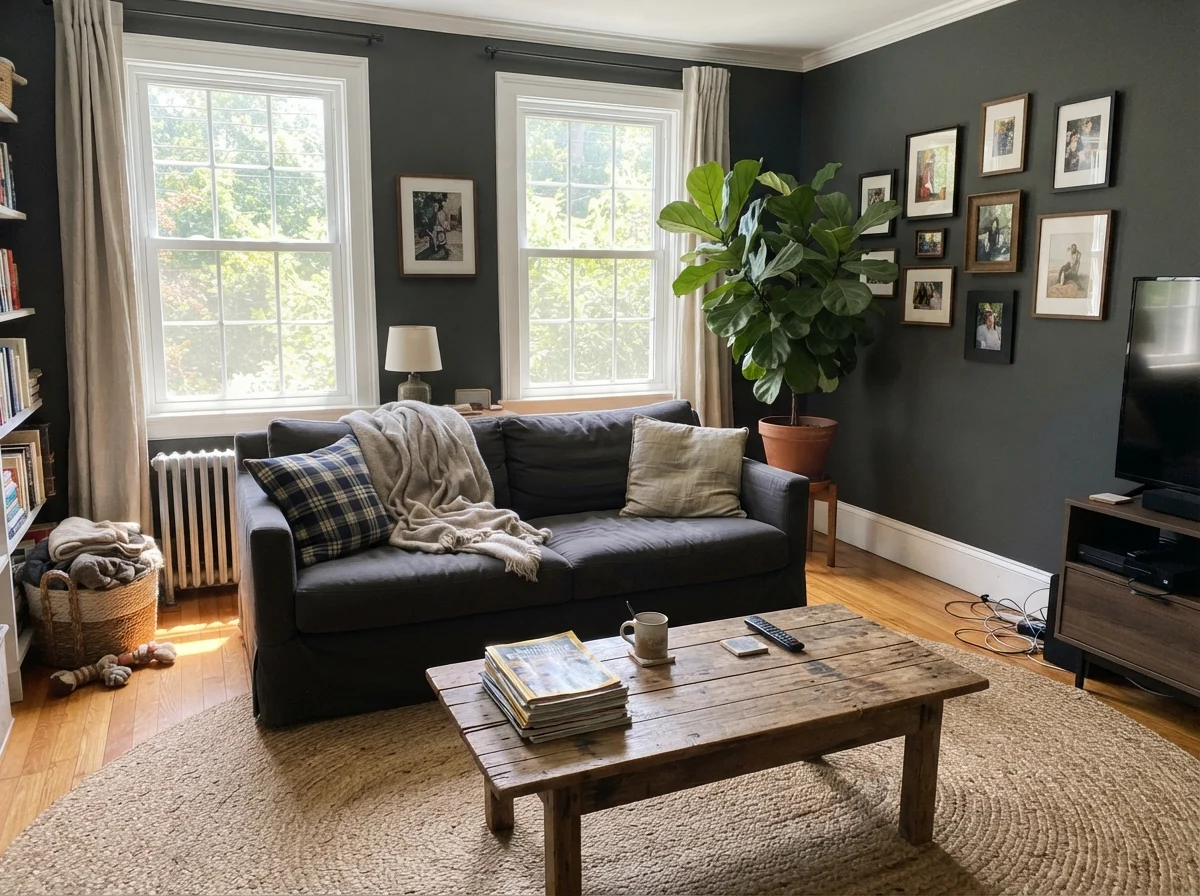 Living room with dark painted walls, linen sofa, wood table, and generous sunlight.