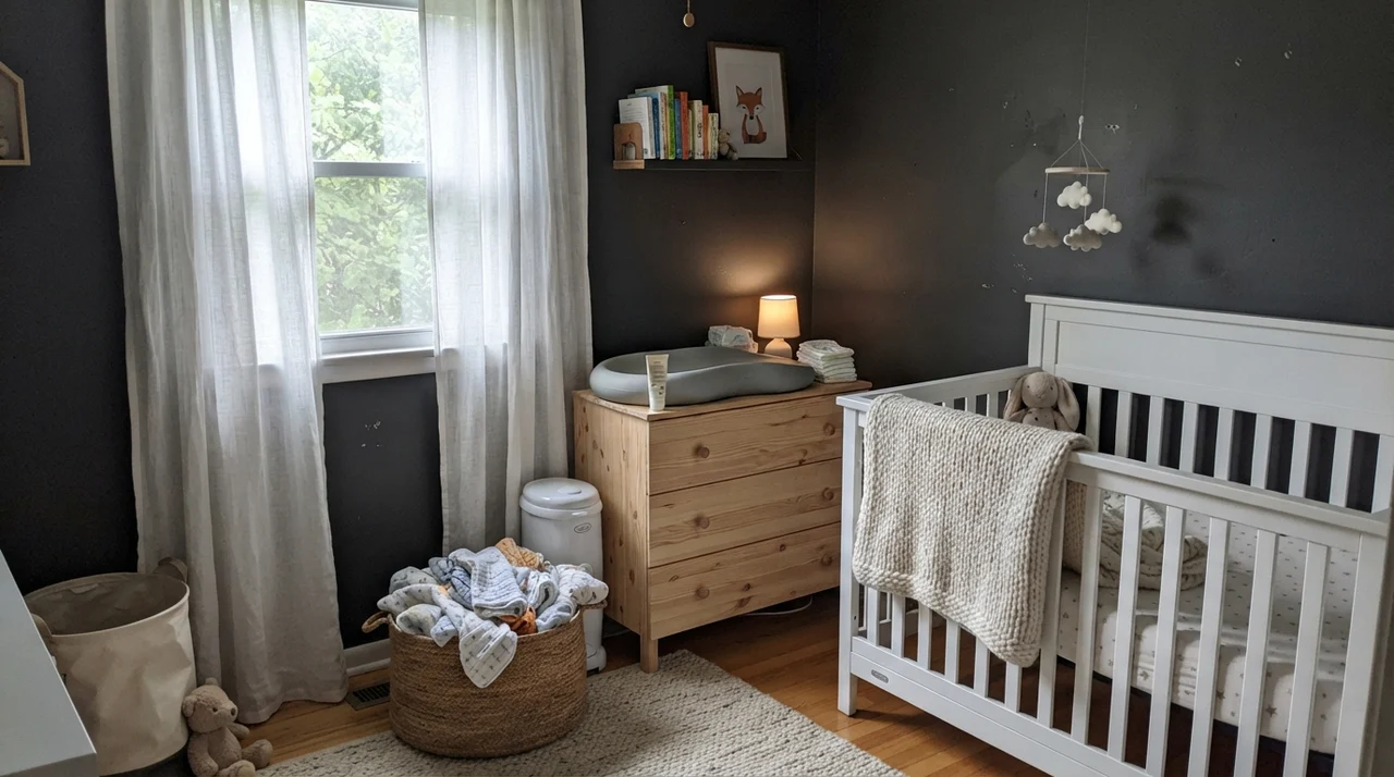 Nursery with dark painted walls, white crib, and light-wood changing table dresser.