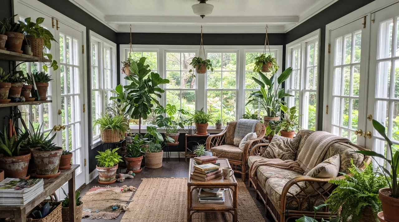 Sunroom with dark painted wall piers between windows, rattan furniture, and plants.