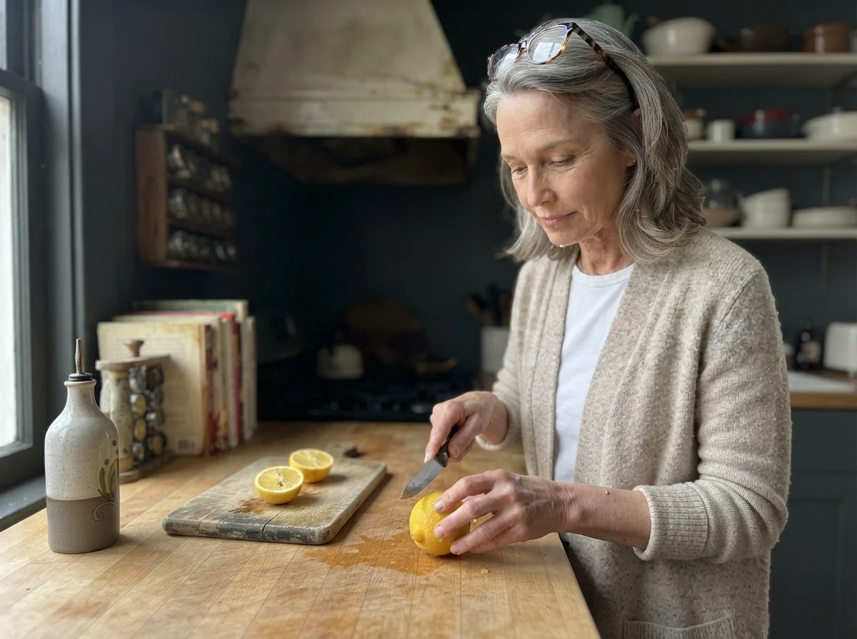 Susan slicing a Meyer lemon on an island in front of a moody Wrought Iron kitchen wall.