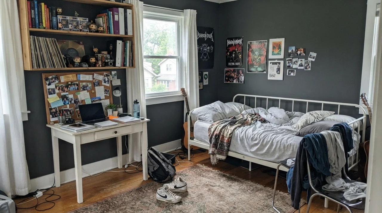Teenager's bedroom with painted dark walls, white metal bed, and small desk.