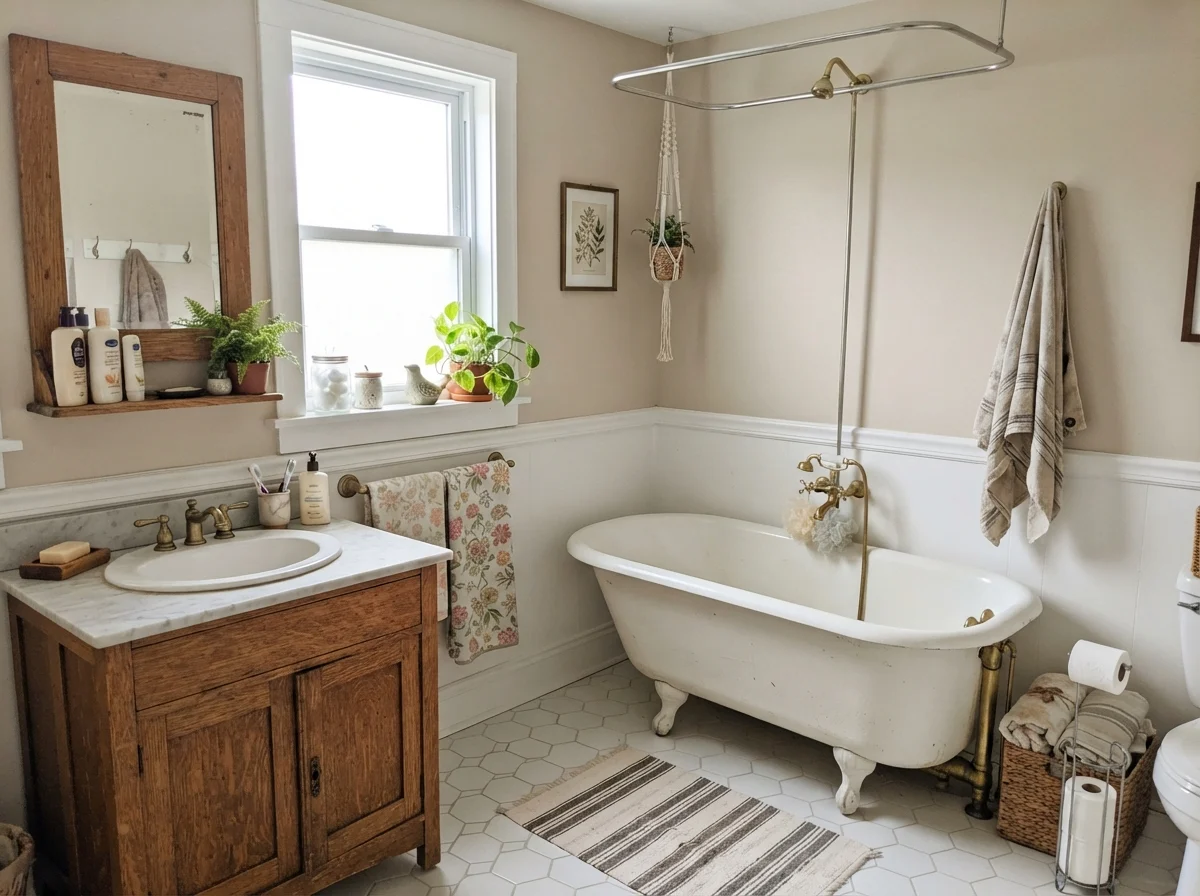 Cottage bathroom with Accessible Beige walls, white clawfoot tub, and oak vanity.