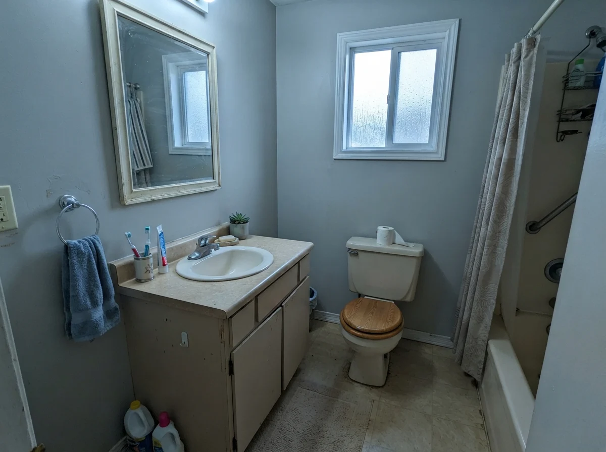 Dated bathroom with Accessible Beige walls appearing cool next to an older vanity.