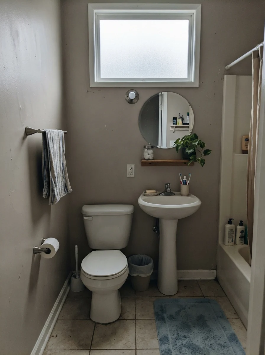 Small bathroom with Accessible Beige walls looking gray under overcast light.