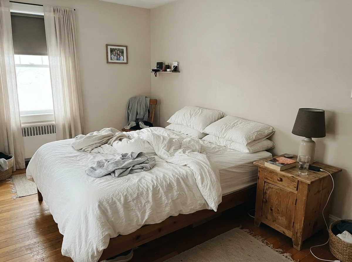 Bedroom with Accessible Beige walls in cool morning light with white bedding and wood nightstand.
