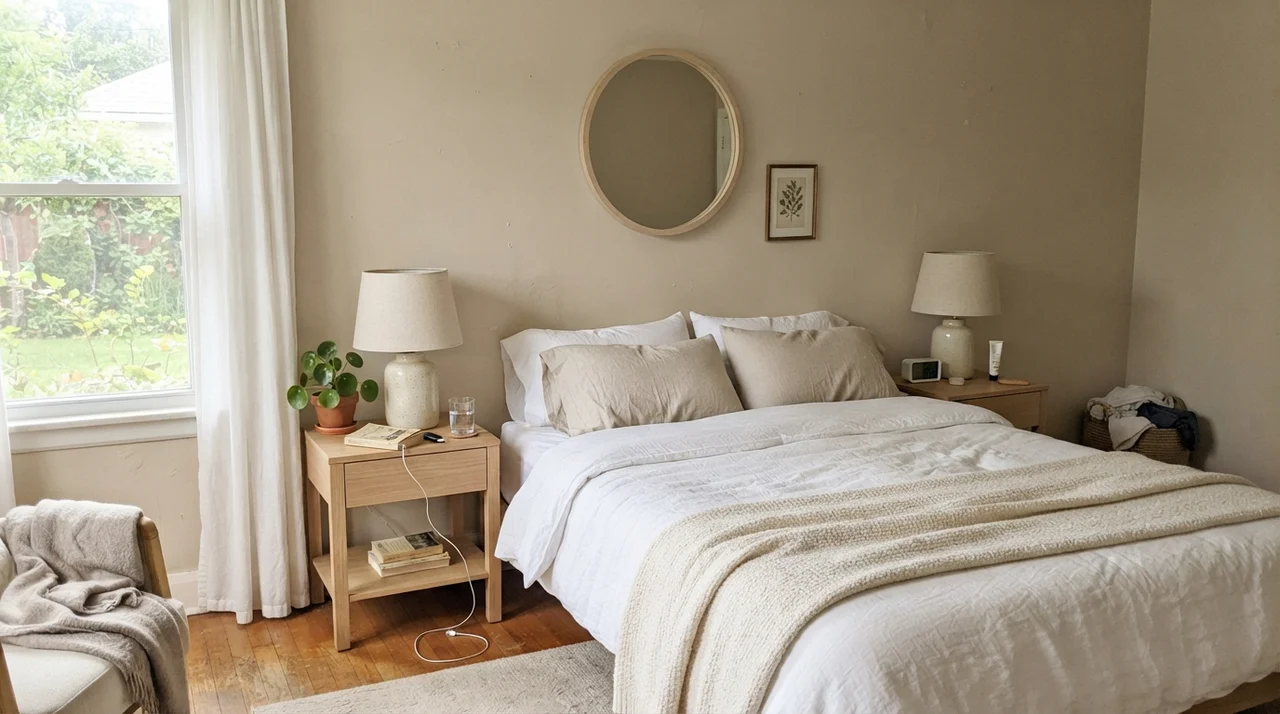 Main bedroom with Accessible Beige walls, white bedding, and pale oak nightstands.