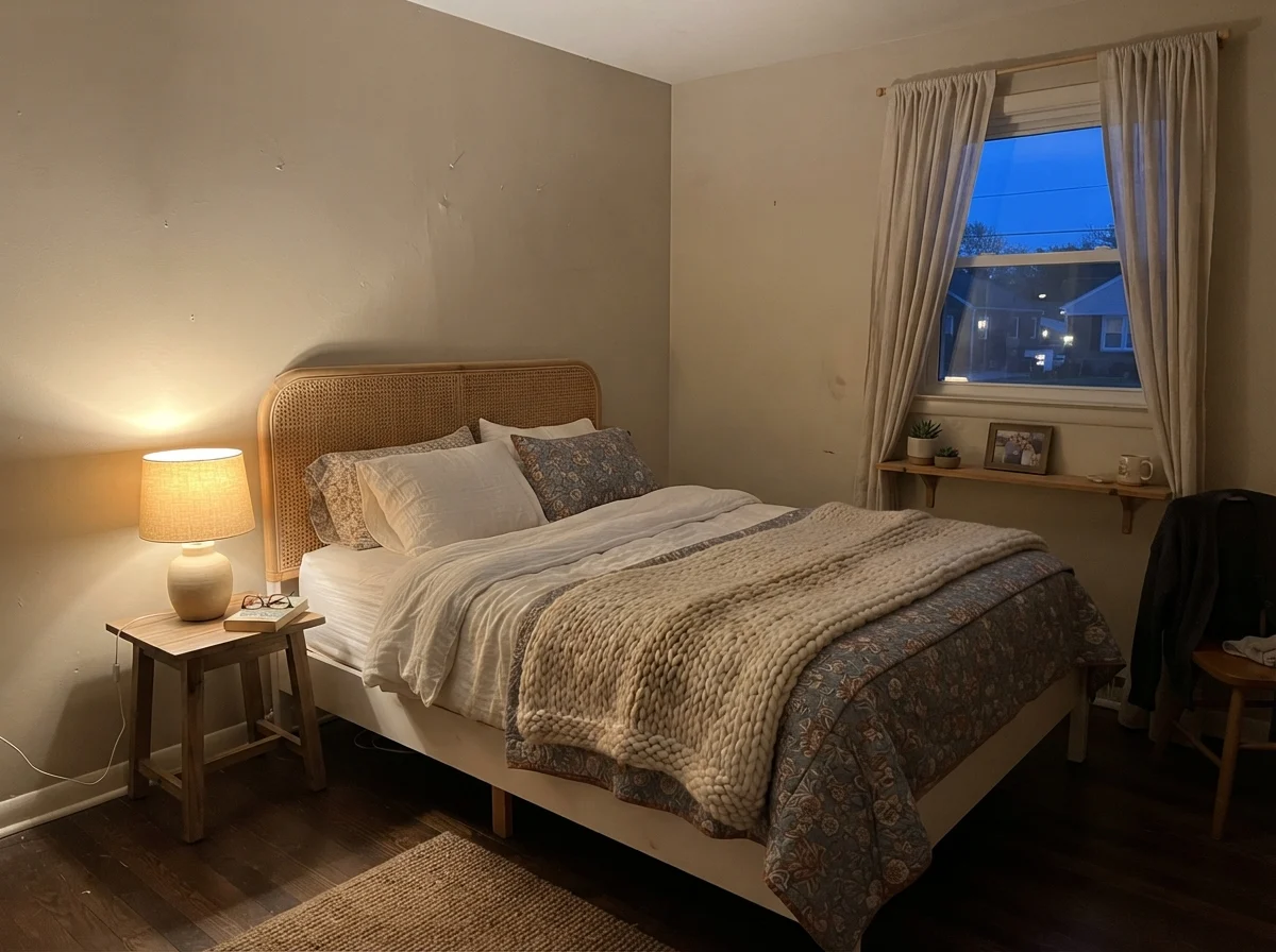 Bedroom at evening with Accessible Beige wall illuminated by warm lamp glow next to a cane headboard.