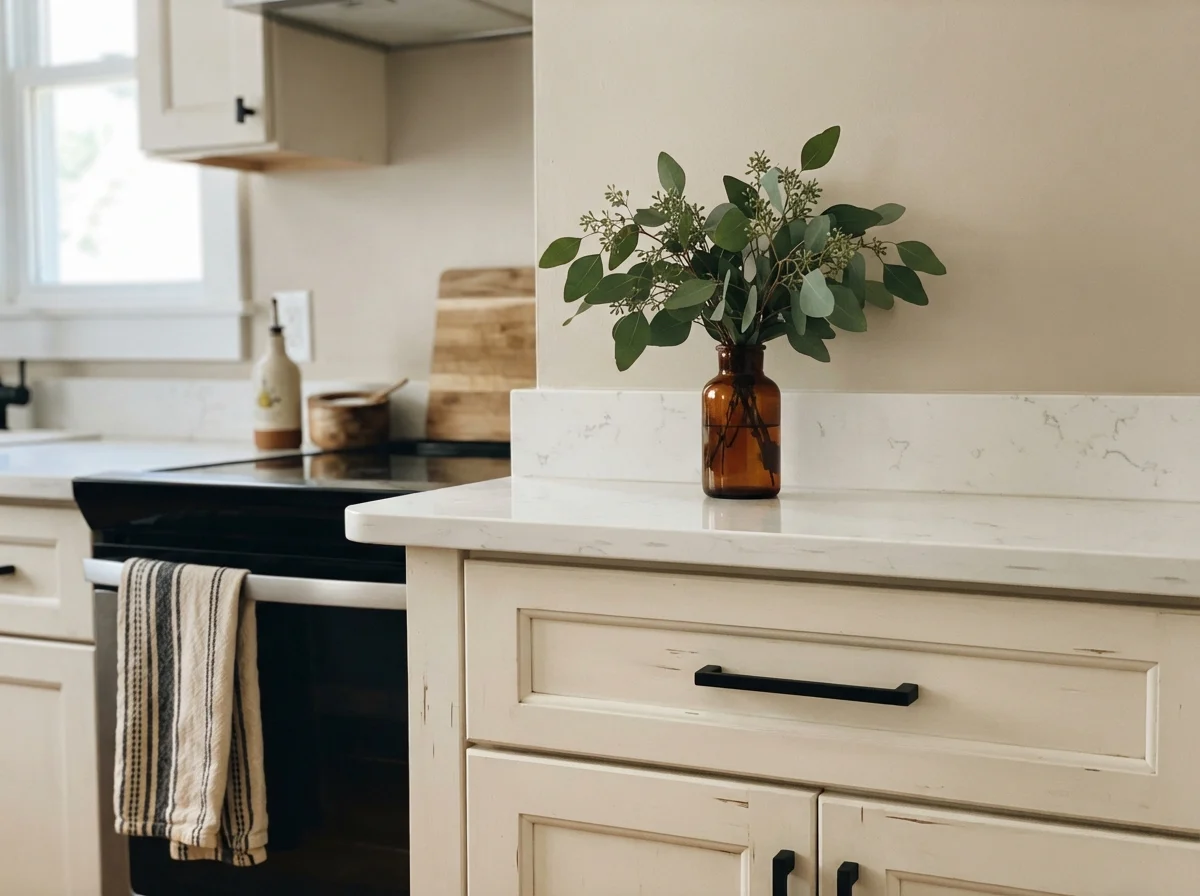 Close-up of Accessible Beige cabinet fronts with black hardware and quartz counter.