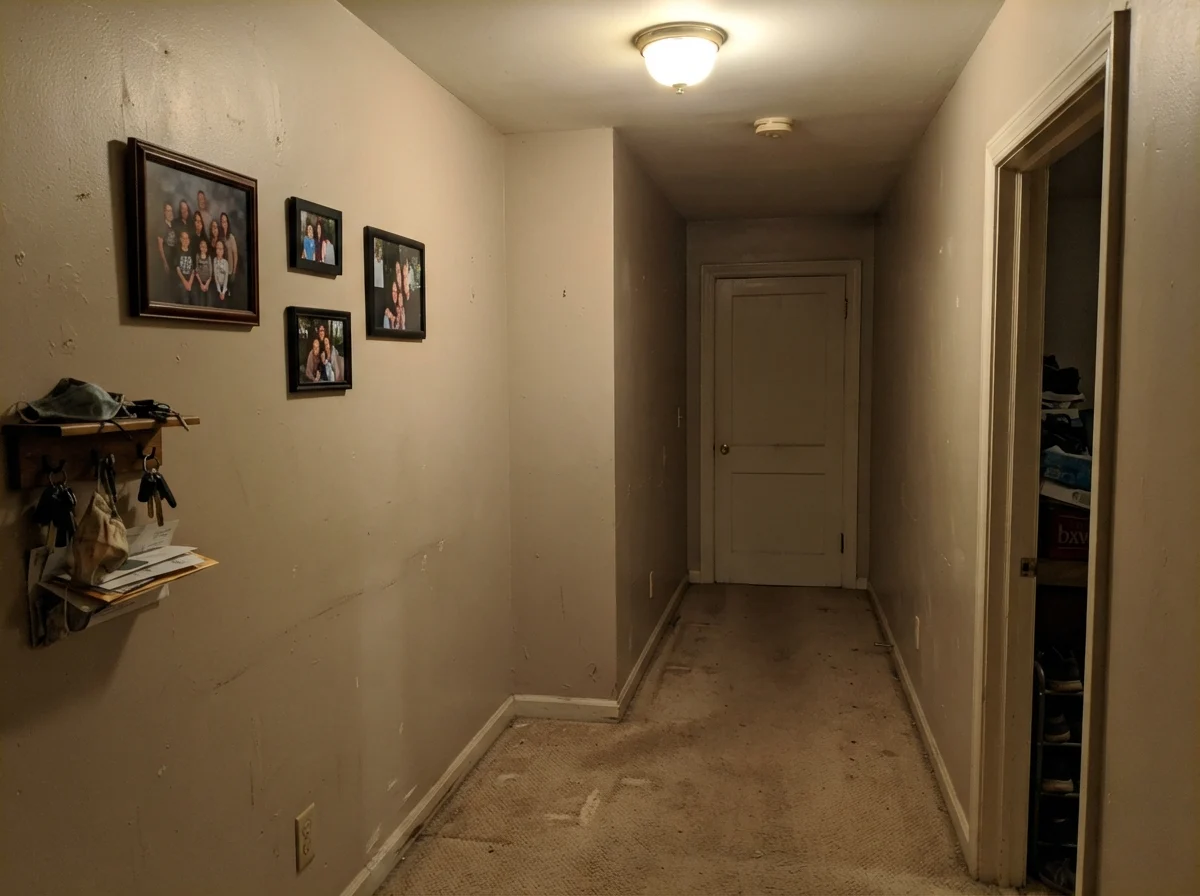 Windowless hallway corner where Accessible Beige looks muddy and flat.