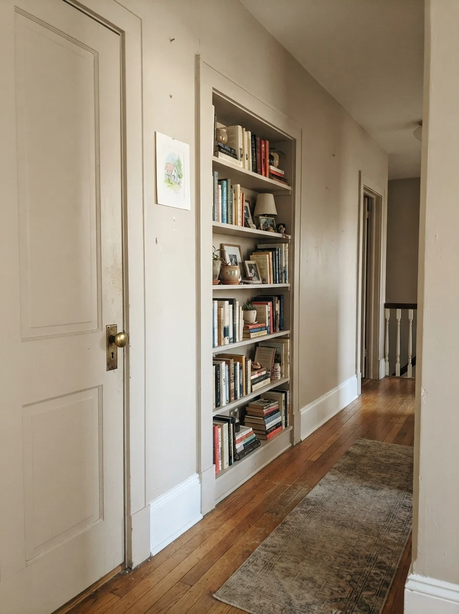 Hallway with Accessible Beige painted door and built-in shelves.