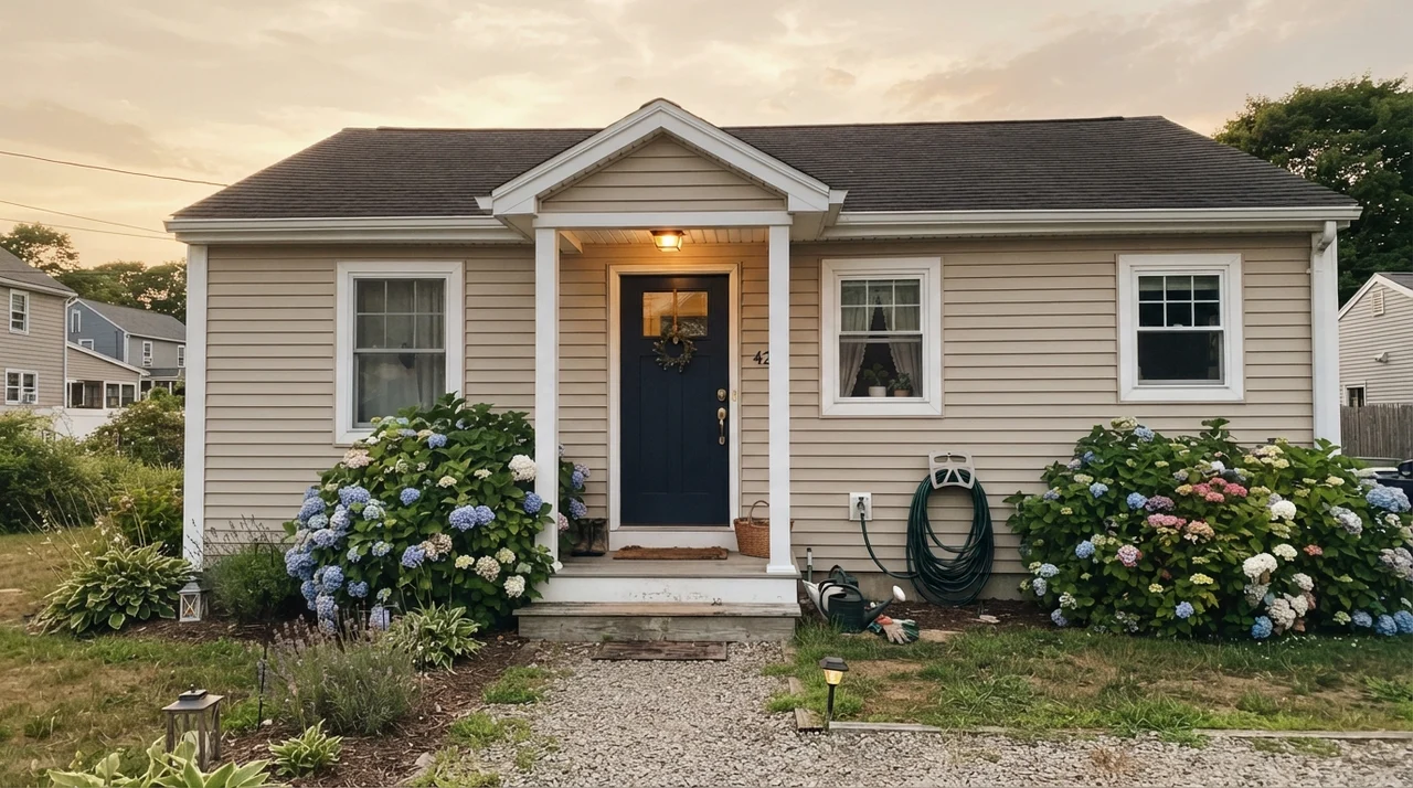 House exterior with Accessible Beige horizontal siding and white trim.