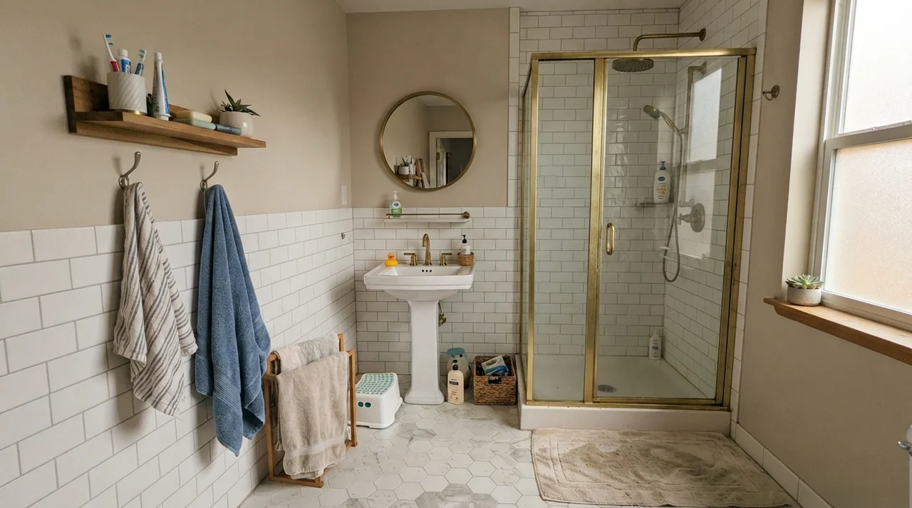 Family bathroom with Accessible Beige walls above white subway tile wainscot and brass fixtures.