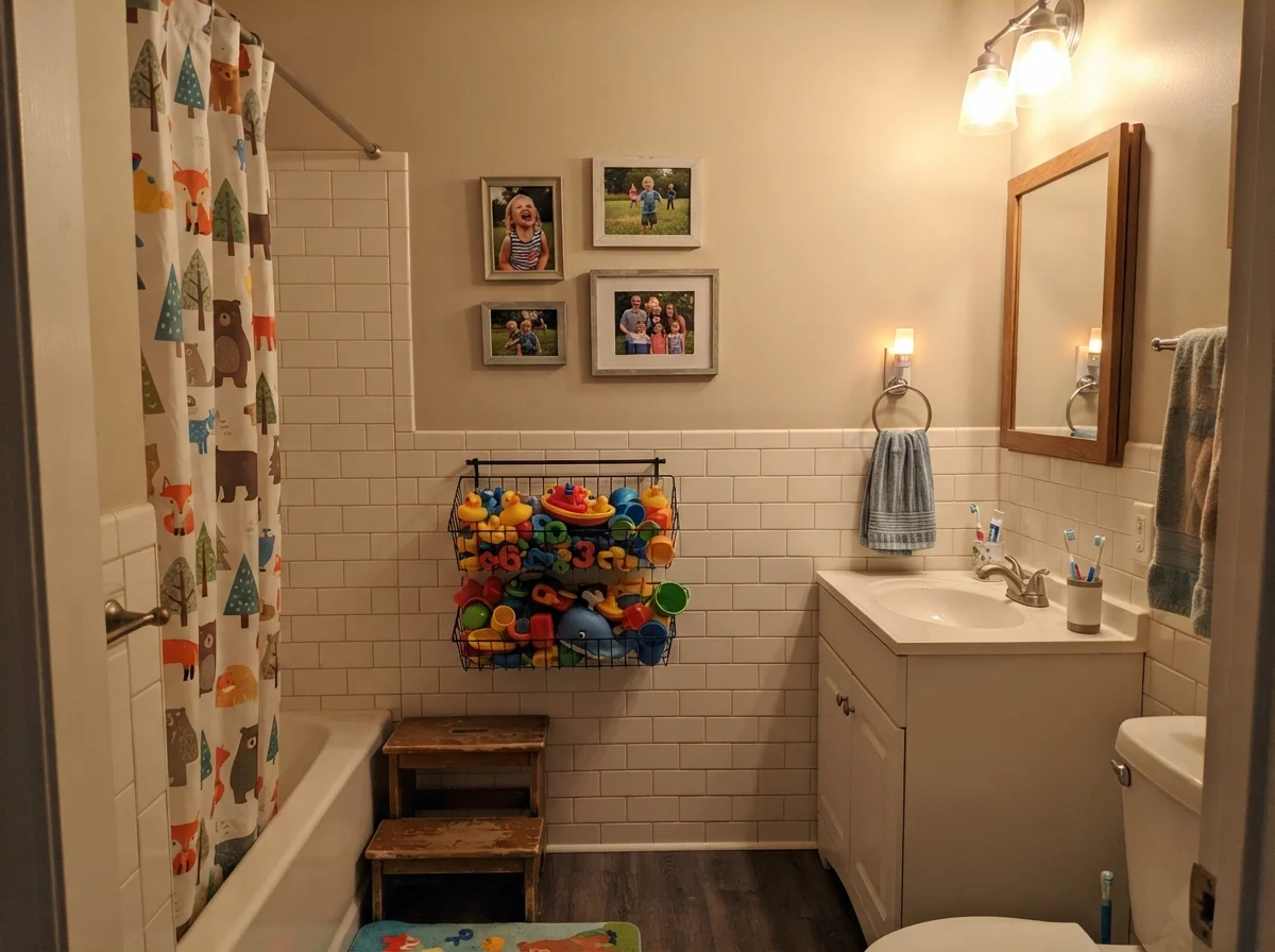 Kids' bathroom with Accessible Beige walls above white subway tile and bath toys.