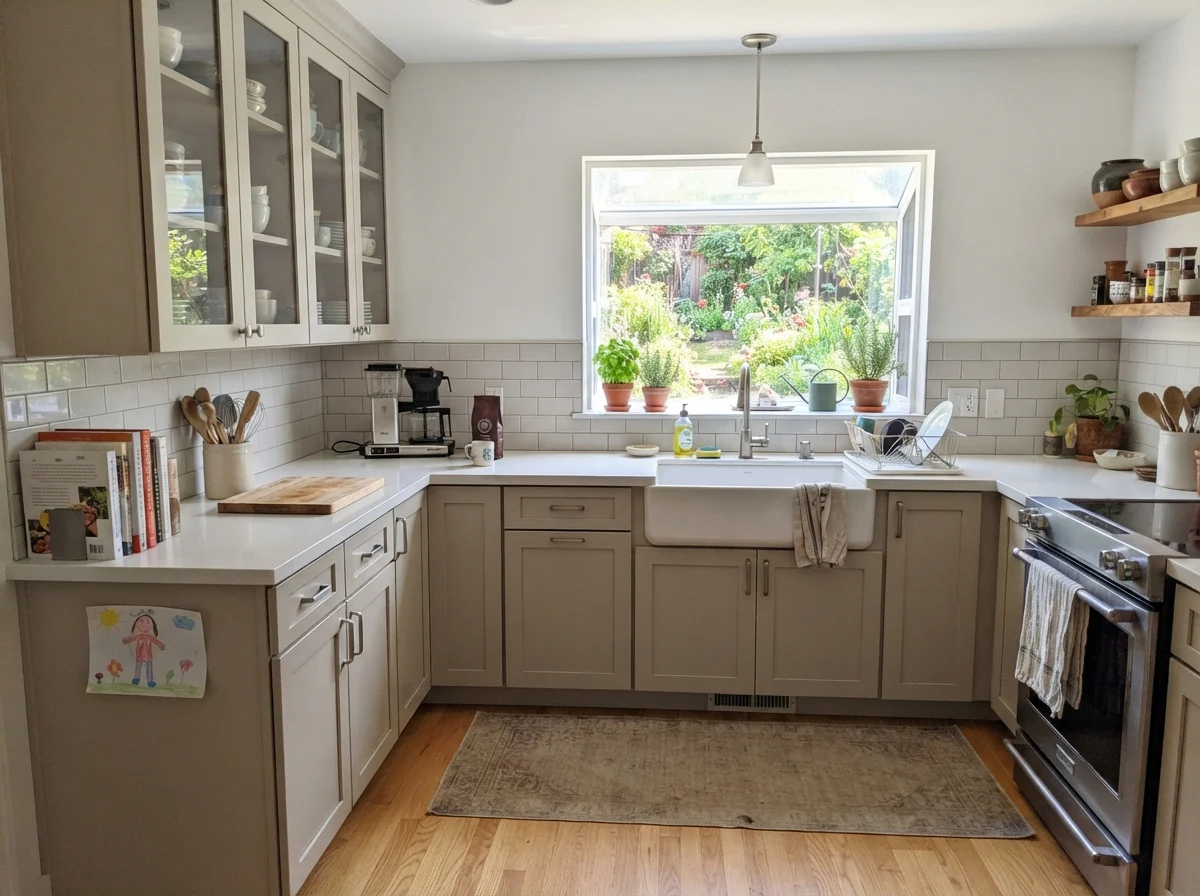 Kitchen featuring Accessible Beige shaker cabinets, white counters, and white subway tile backsplash.