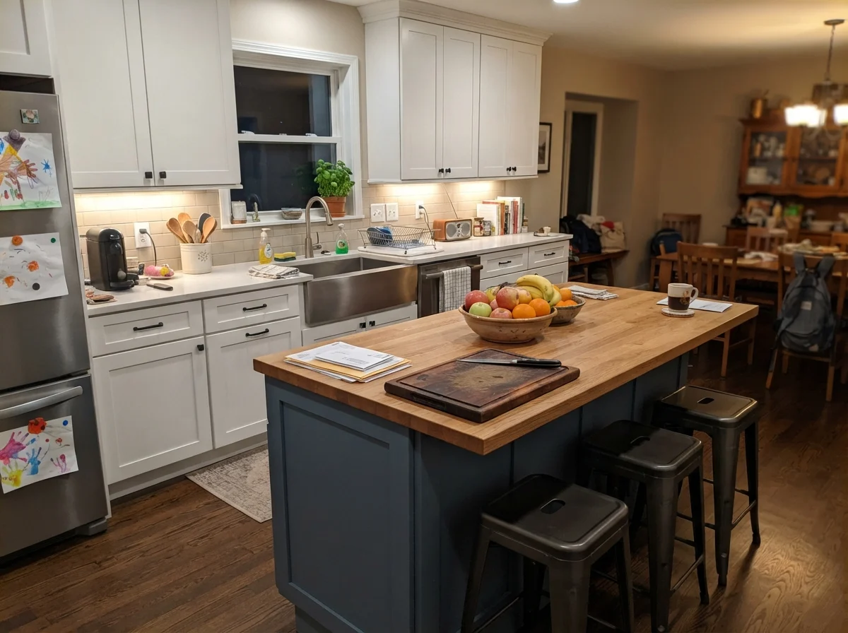 Kitchen island painted Accessible Beige surrounded by white perimeter cabinets.