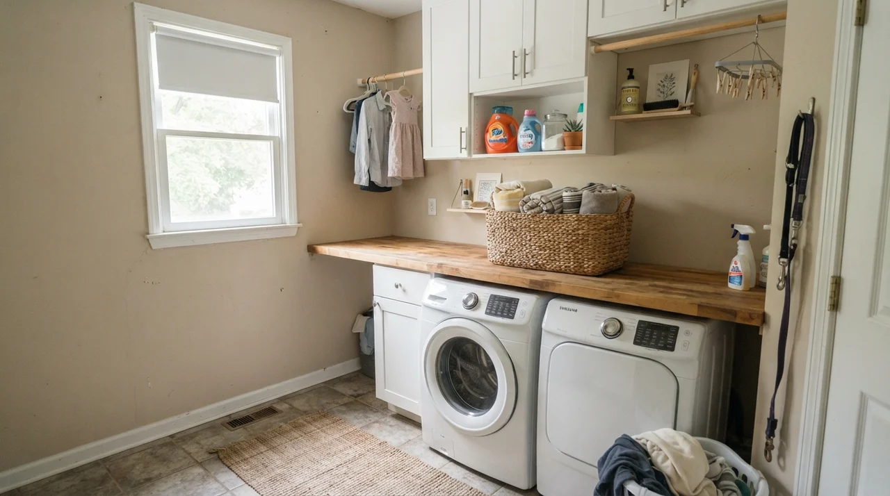 Laundry room with Accessible Beige walls, white cabinets, and butcher-block counter.