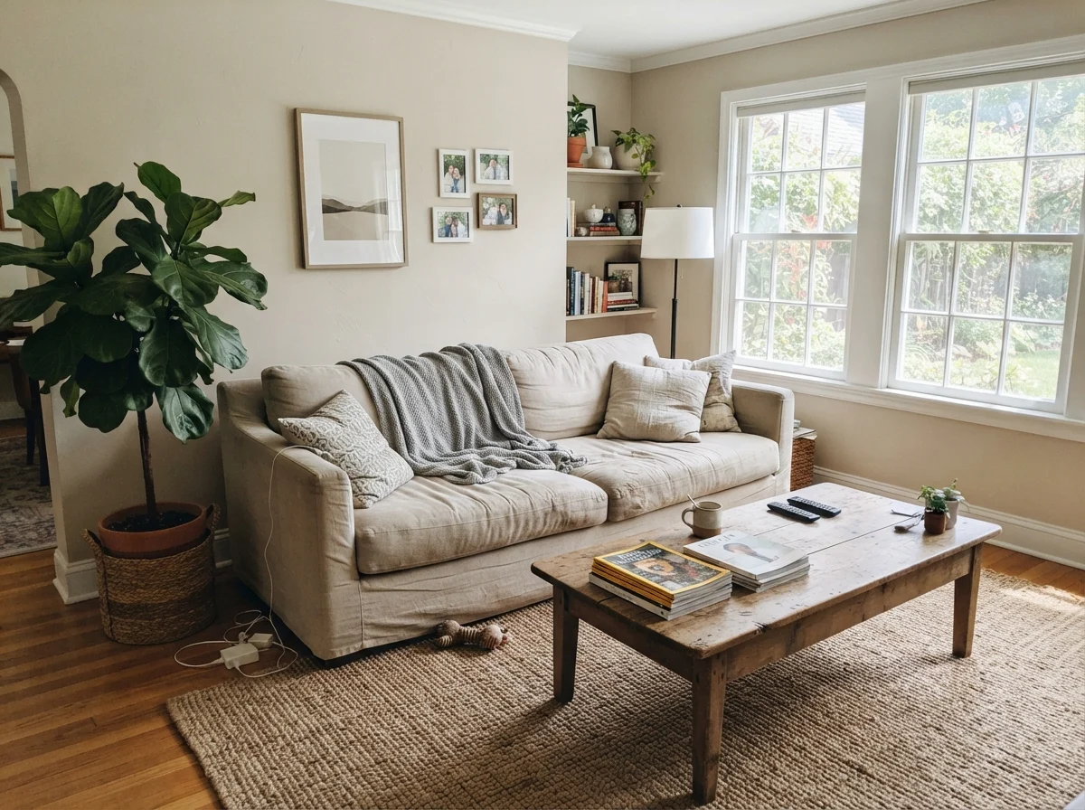 Living room with Accessible Beige walls, linen sofa, and jute rug under bright sunlight.