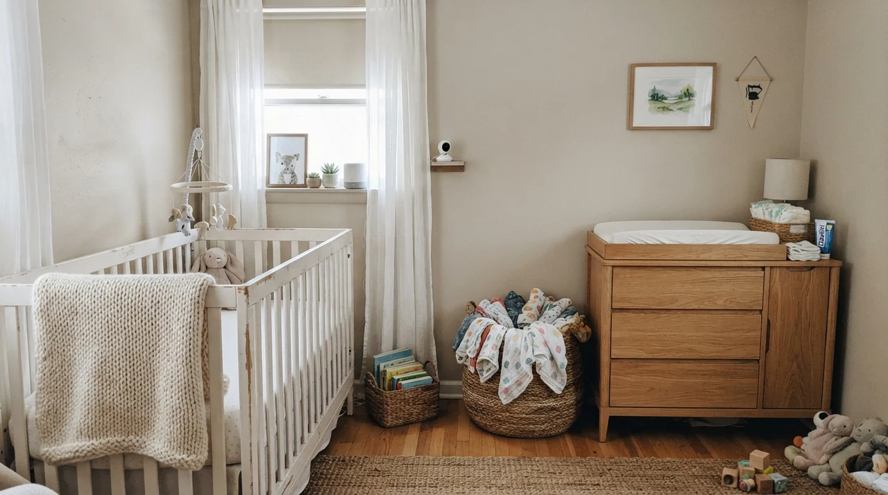 Nursery featuring Accessible Beige walls, white crib, and light-wood changing table.