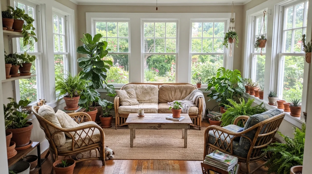 Sunroom with Accessible Beige walls between white windows, featuring rattan furniture and plants.