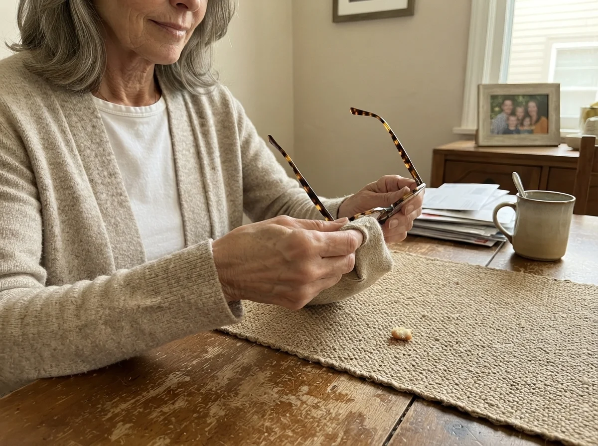Susan Hartley cleaning her glasses at the dining table against Accessible Beige walls.