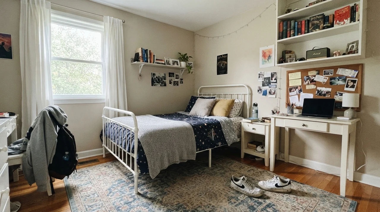 Teenager bedroom with Accessible Beige walls, white metal bed, and desk.