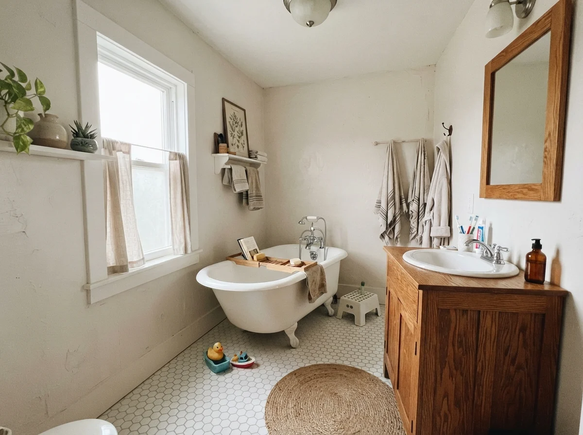 Cottage bathroom featuring a white clawfoot tub, hex tile floor, warm oak vanity, and painted walls.