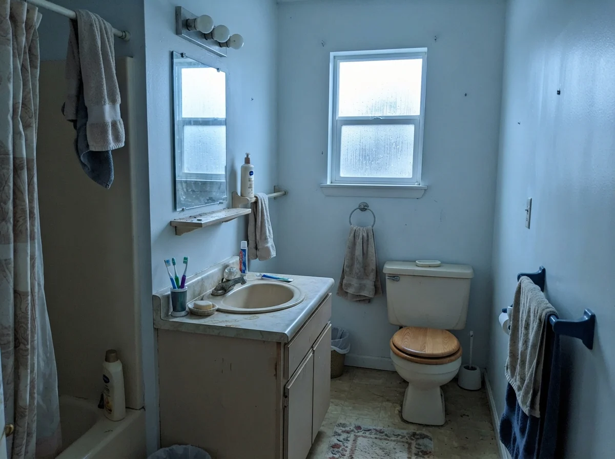 Modest dated bathroom on a rainy day with cool north light casting over painted walls.