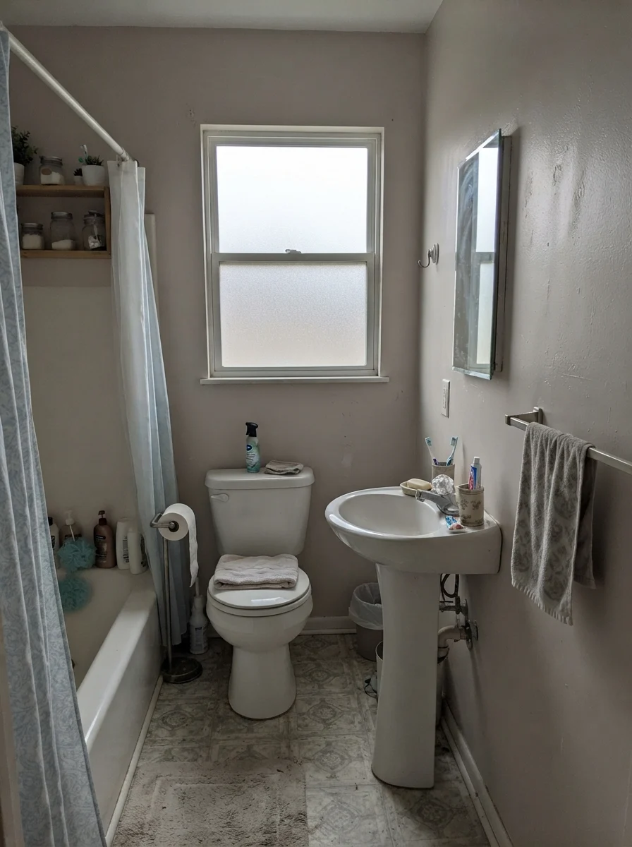 Small bathroom with flat overcast light coming through a frosted window onto muted painted walls.