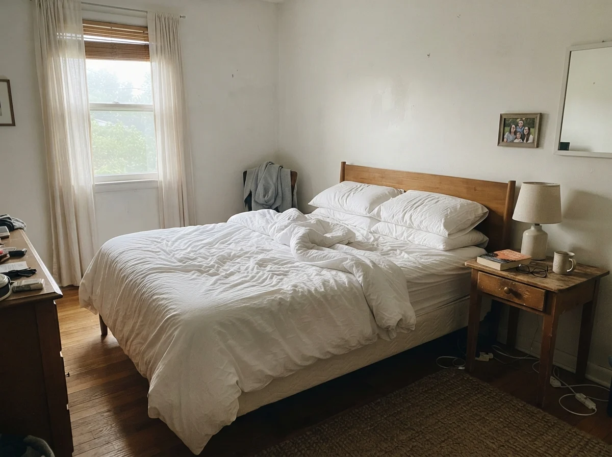 Bedroom in cool early-morning daylight with unmade white bedding and Aesthetic White walls.