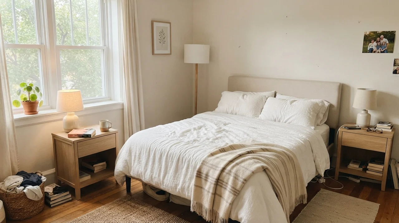 Main bedroom with white linen bedding, pale oak nightstands, and Aesthetic White walls.