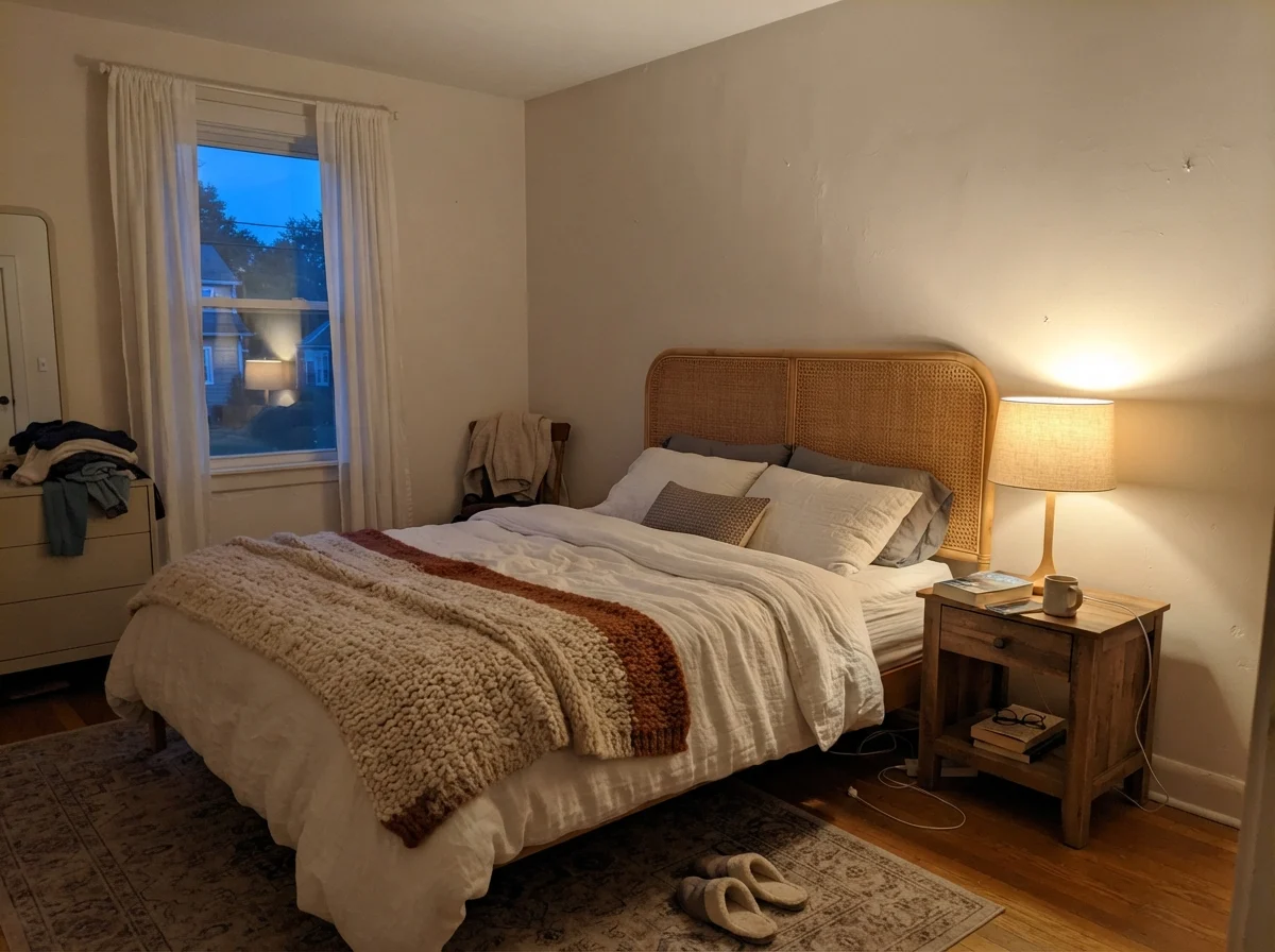 Bedroom at dusk with warm table lamp lighting up walls in Aesthetic White beside a cane headboard.
