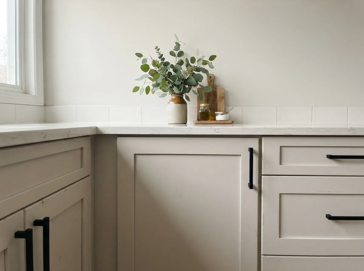 Close-up of shaker cabinets painted Aesthetic White with matte black hardware and white quartz counter.