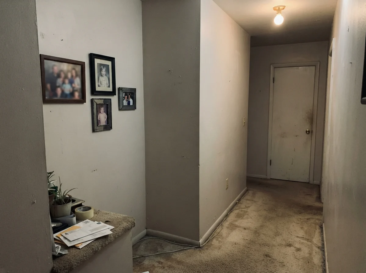 Windowless interior hallway corner under a single ceiling bulb showing muddy putty-colored walls.