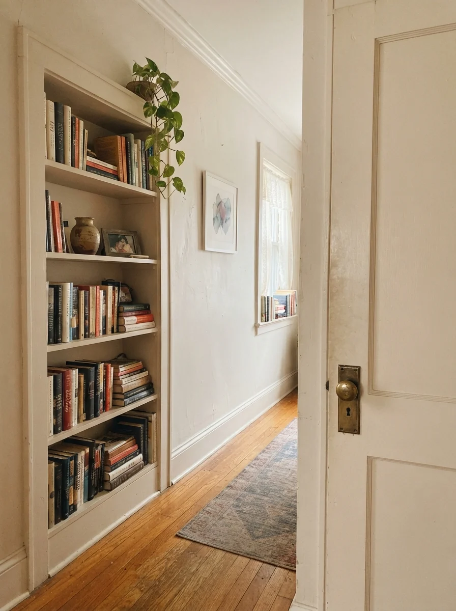 Hallway showing a two-panel door and built-in bookshelf painted Aesthetic White against cream walls.