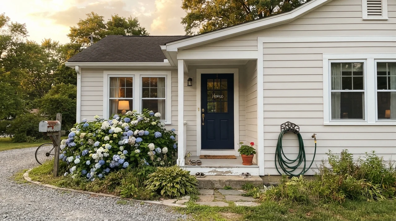 House exterior with horizontal siding in Aesthetic White, white trim, and a dark navy front door.