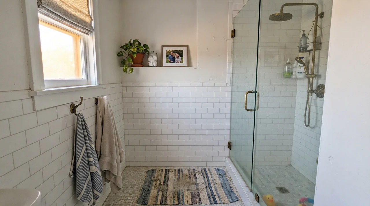 Family bathroom with soft daylight, white subway tile wainscot, brass fixtures, and walls painted in Aesthetic White.