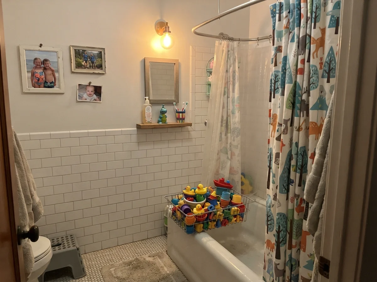 Kids' bathroom with white subway tile wainscoting, bath toys, and upper walls in Aesthetic White.