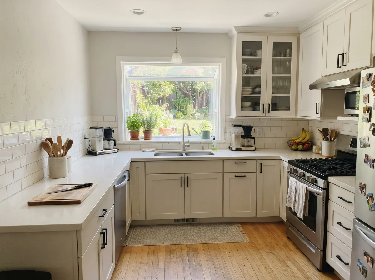 Kitchen shaker cabinets painted Aesthetic White with white subway tile backsplash and light oak floors.